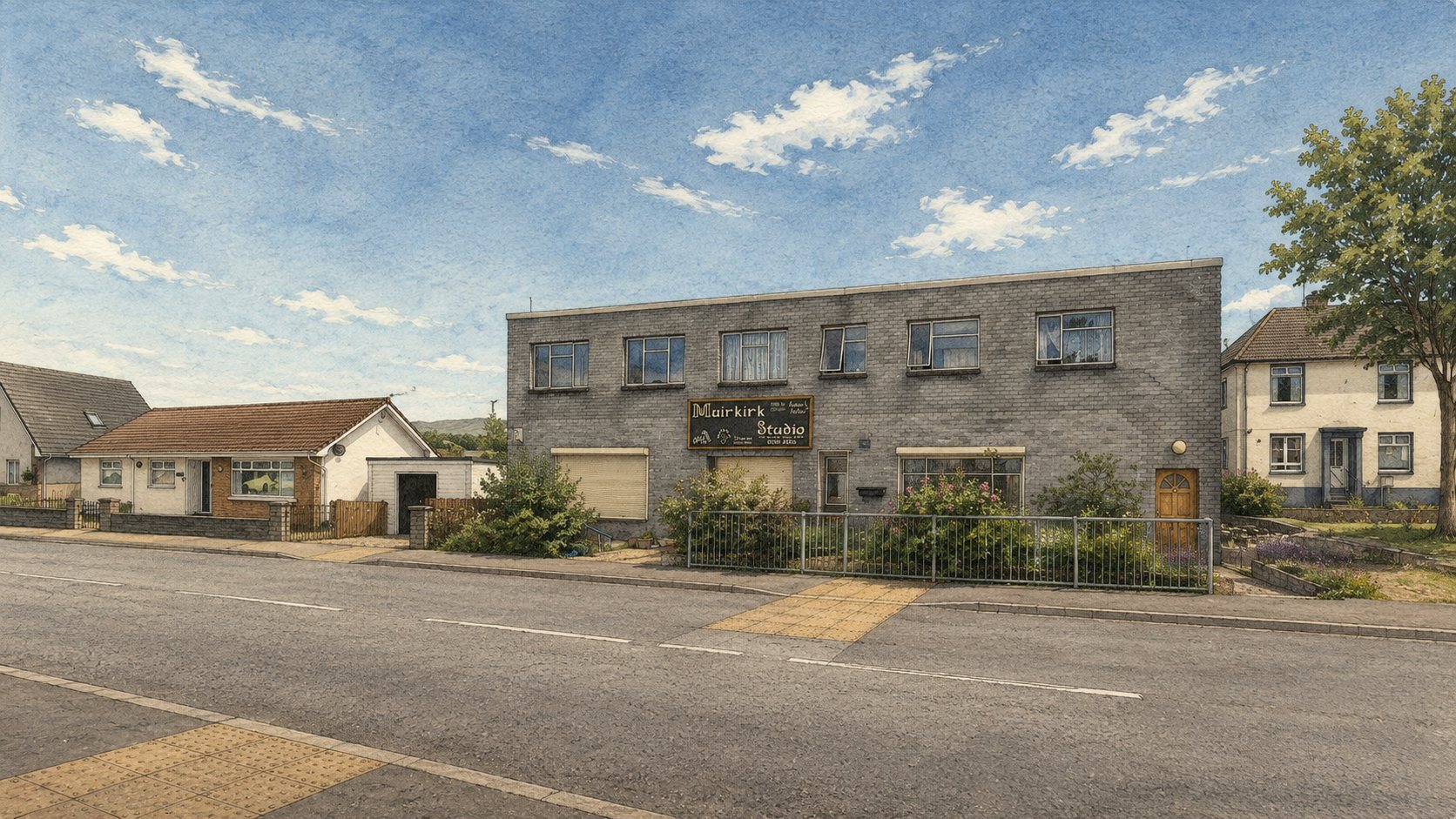 An illustrated view of the Muirkirk Studio block on Main Street